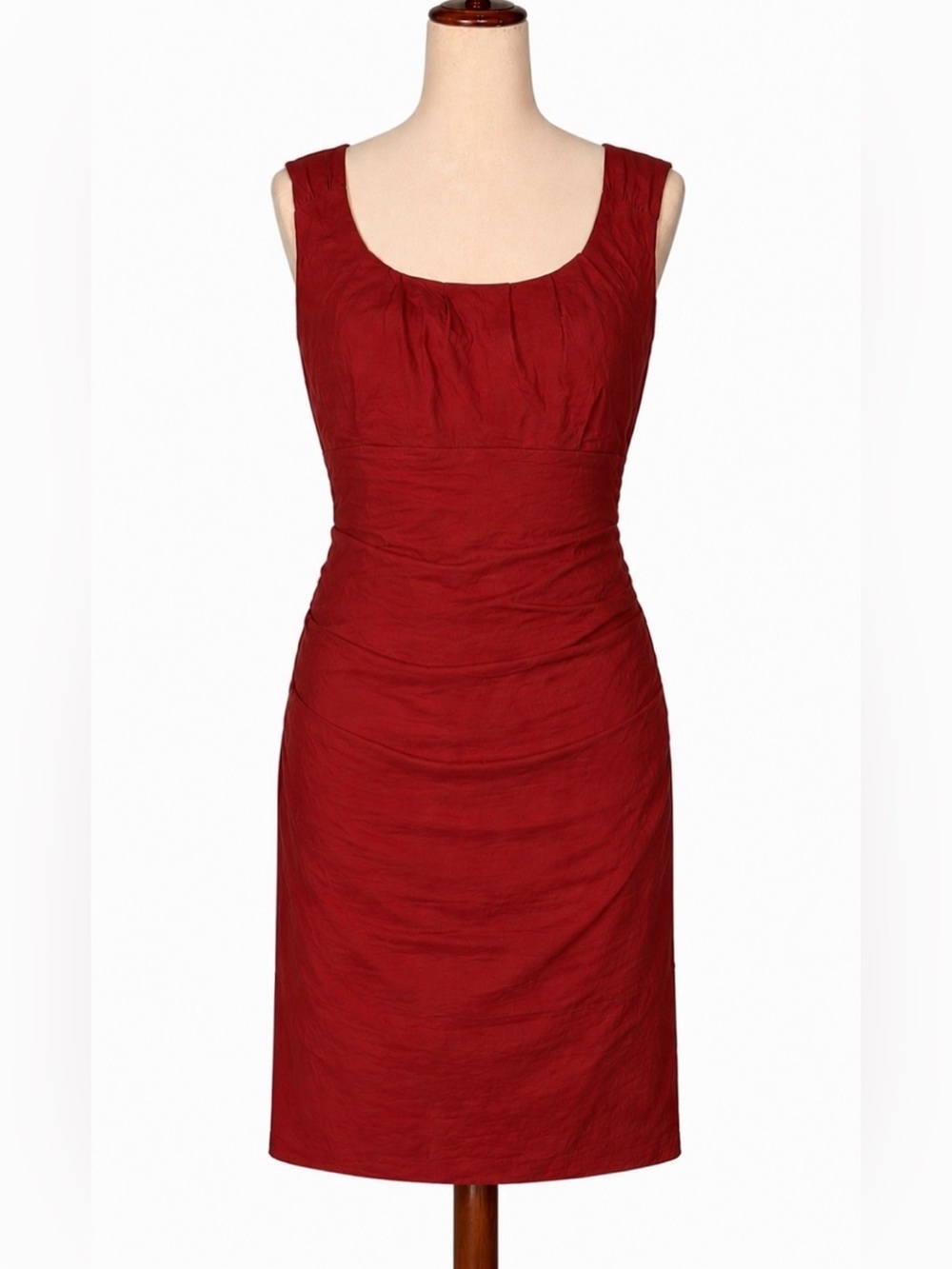 Eileen Fisher maroon rouched dress- cotton, silky lining.  Mini/midi. 10